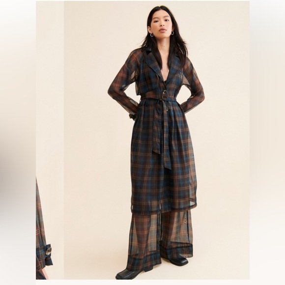 Anthropolgie Porridge Sheer Plaid Trench Coat Size M - Picture 4 of 9